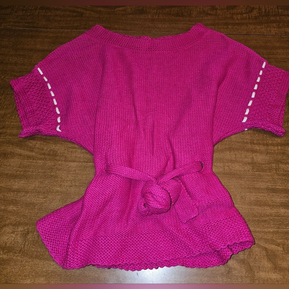 Vintage 80s 90s Pink Twill Womens Knit Sweater Short Sleeve Tie Sash Medium